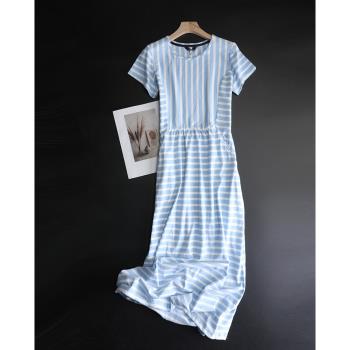 外貿大碼剪標針織純棉海魂風藍白條紋短袖連衣裙女薄款夏加長大碼
