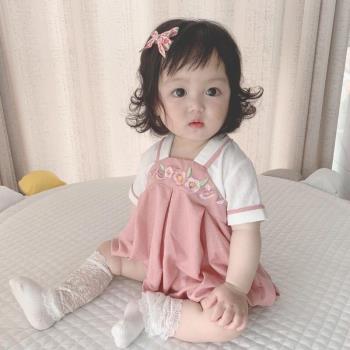 夏季嬰幼兒洋氣古風刺繡純棉短袖連體衣女寶寶中國風漢服哈衣爬服