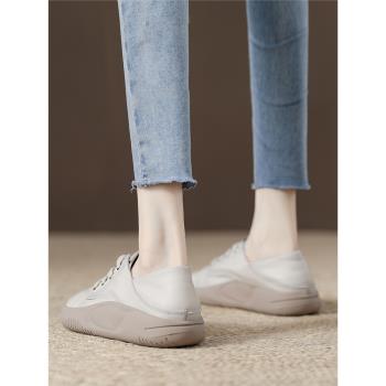 真皮小白鞋女牛皮復古厚底休閑單鞋2024秋季新款軟底舒適運動女鞋