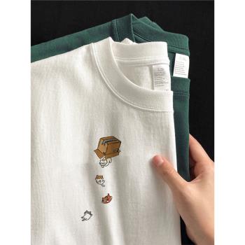 夏季貓咪印花重磅純棉圓領短袖t恤男士美式潮牌寬松白色體恤上衣