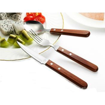加厚304優質不銹鋼刀叉商用西餐刀歐式餐廳木柄牛排刀水果叉子勺