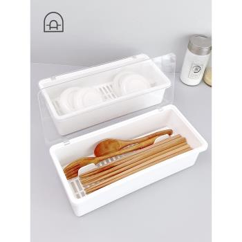 棟哈家用筷子盒透明帶蓋湯匙瀝水收納盒塑料日式純色空盒廚房收納