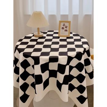棋盤格子圓桌布ins北歐風輕奢高級感餐桌布藝茶幾桌墊學生書桌布