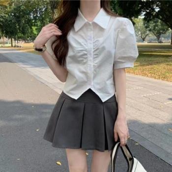 白色襯衫女夏季新品學院風泡泡短袖襯衣褶皺不規則短款上衣女