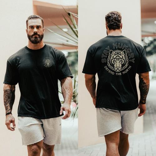 C寶克里斯運動短袖男寬松休閑中袖落肩oversize大碼健身衣純棉T恤