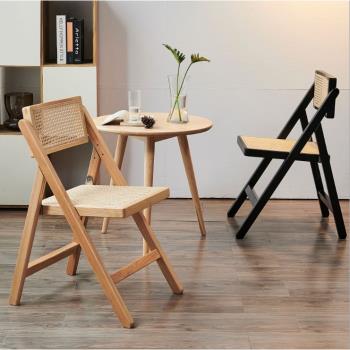 北歐實木藤編餐椅可折疊中古椅民宿復古休閑昌迪加爾設計靠背椅子