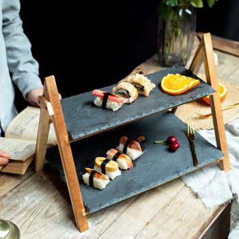 日式 折疊式木質蛋糕架黑色石板壽司盤子餐廳自助餐食物展示托盤
