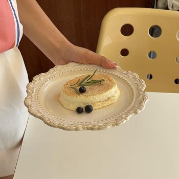 復古ins風設計款法式浮雕花邊甜品盤陶瓷西餐盤蛋糕盤意面沙拉盤