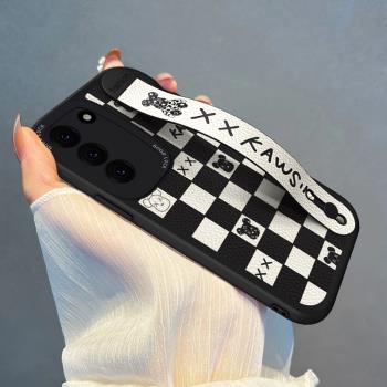 適用三星S25手機殼腕帶暴力熊GalaxyS22/S23格子新款S20保護套s24情侶ultra支架S21FE潮牌男女簡約+防摔軟