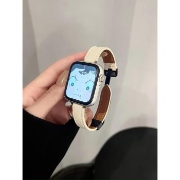 適用蘋果手表s8手表帶iwatch9表帶s7真皮質applewatch7/6/5代金屬ultra折疊扣se替換帶4運動3高級男女2創意潮