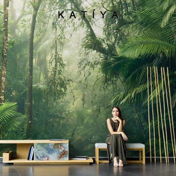 Katiya美式手繪藝術森林壁紙客廳百年大樹壁畫電視背景墻無縫墻布
