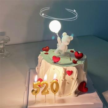 520情人節蛋糕裝飾擺件帶燈氣球熊小熊情侶插件金色數字蠟燭插牌