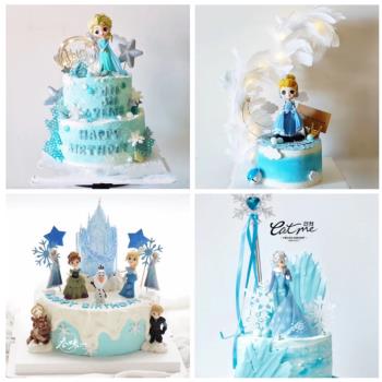 卡通公主生日蛋糕裝飾擺件艾莎安娜愛莎女王烘焙公仔情景裝扮插件