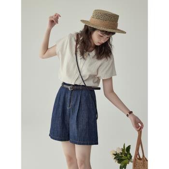 「北島AMUU」法式小翻領豎條紋肌理感襯衫女夏季短袖百搭顯瘦上衣