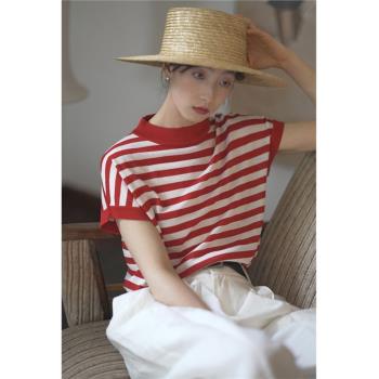 法式海魂衫紅白條紋針織短袖T恤女夏季薄款別致撞色設計正肩上衣