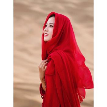 大紅色拍照棉麻圍巾沙漠防曬披肩海邊旅游沙灘青海茶卡鹽湖紗巾女