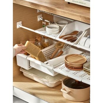 廚房櫥柜可伸縮收納架免打孔下水槽碗筷置物架神器收納籃分層隔板