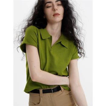 夏季綠色polo領冰絲針織短袖t恤女法式復古短款別致修身正肩上衣