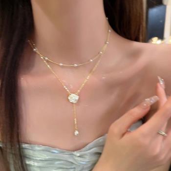 雙層流蘇珍珠項鏈女輕奢小眾設計感山茶花鎖骨鏈高級感氣質脖頸鏈
