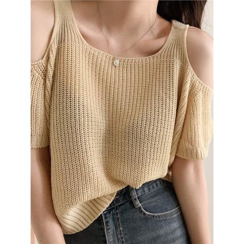 大碼女裝溫柔風氣質露肩短袖針織衫夏季胖妹妹顯瘦T恤甜辣風上衣