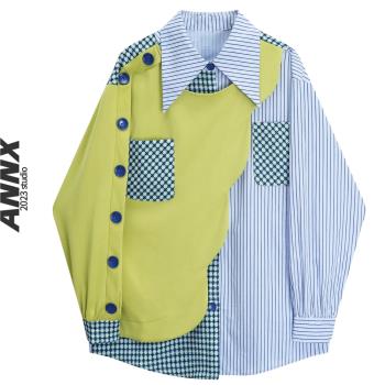 ANNX2023不規則設計感襯衫拼接衛衣女春秋高級法式復古假兩件上衣