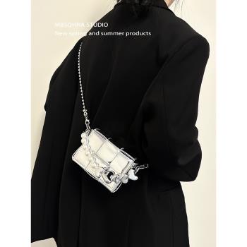 MBSQHNA小眾設計mini編織包包女夏珍珠鏈手提單肩斜挎迷你口紅包