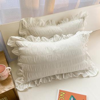 水洗棉枕套一對裝網紅款家用花邊枕頭套韓式荷葉邊純白色公主風夏