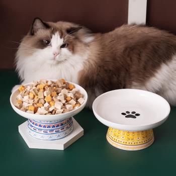 貓碗陶瓷貓糧碗狗碗貓咪飯盆保護頸椎寵物水碗吃飯高腳餐盤貓食盆
