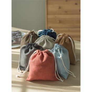 布藝抽繩束口收納袋子簡約旅行分裝整理袋便攜化妝包手機小布袋