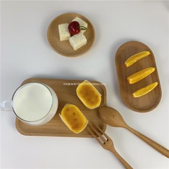 ins風木質餐具托盤圓形方形木盤簡約櫸木水果蛋糕甜品盤擺拍道具