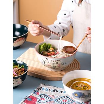 釉下彩日式湯面碗高腳陶瓷家用創意小清新卡通手繪吃面大碗可愛
