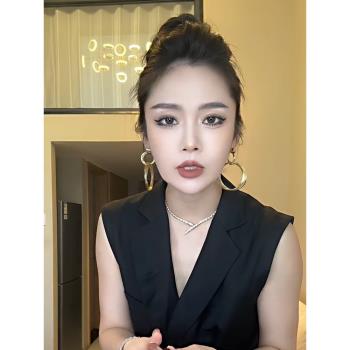 2023新款時尚誇張幾何鏤空圓圈長款耳環女小眾設計高階感網紅爆款
