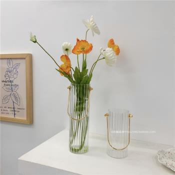 ins風北歐創意手提透明玻璃花瓶擺件簡約干花插花器臥室桌面裝飾