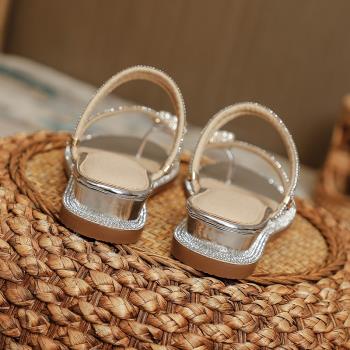 夏季時裝仙女風夾趾水鉆坡跟涼鞋