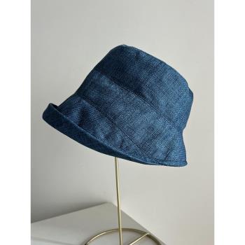 復古藍色米色亞麻遮陽帽優雅日本洋氣漁夫帽卷邊盆帽女士夏季透氣
