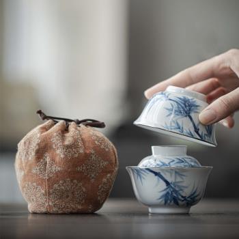 手繪青花竹旅行茶具套裝便攜式快客杯收納袋一壺一杯戶外蓋碗茶杯