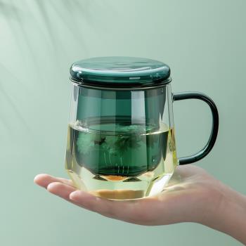 玻璃杯帶把女士辦公室泡茶杯茶水分離帶蓋個人專用水杯家用花茶杯