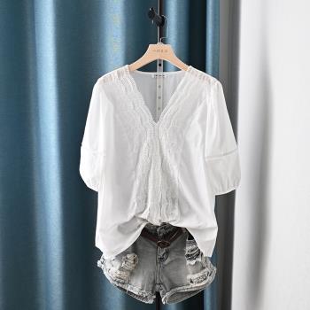 韓版設計感氣質精致鉤花V領女裝上衣 夏季純棉寬松顯瘦短袖白襯衫