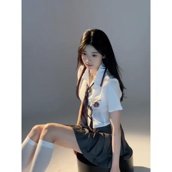 夏季韓系韓式學院風短款學生拼色刺繡JK制服套裝短袖襯衫上衣女