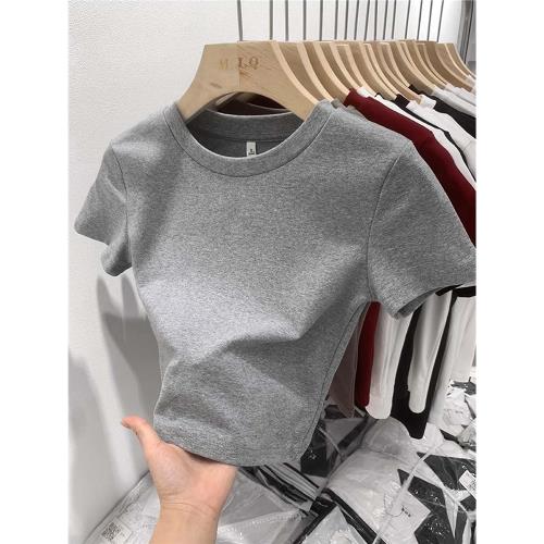 正肩t恤女短袖設計感小眾夏新款純棉顯瘦短款緊身辣妹上衣打底衫