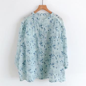 清新藍色系樹葉印花 氣質立領高品質透氣苧麻 寬松七分袖襯衫女夏