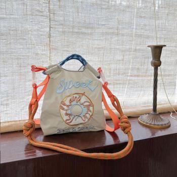 日系mini刺繡購物袋小號手提包時尚環保袋尼龍繡花斜跨迷你手機包