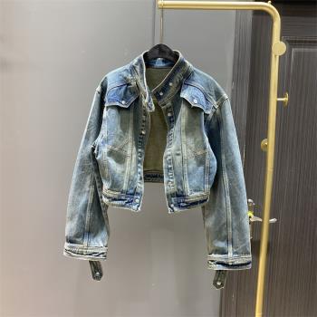 2025年春季新款港味復古做舊短款牛仔外套女寬松顯瘦立領夾克上衣