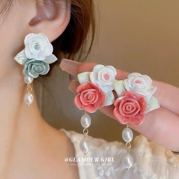 茶系花朵巴洛克珍珠流蘇耳環小眾設計感氣質高級感新款洋氣耳飾女