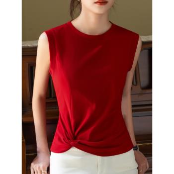 紅色無袖背心女扭結設計感圓領T恤夏季2023年新款法式掐腰上衣女