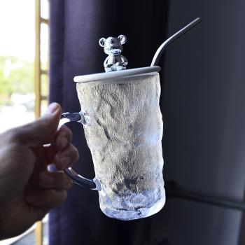 冰川紋玻璃水杯子帶蓋把可愛女生家用ins風高顏值茶杯咖啡吸管杯