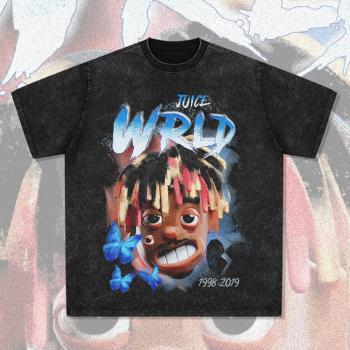 歐美嘻哈說唱Juice Wrld人物印花街頭長袖短袖重磅水洗做舊T恤潮