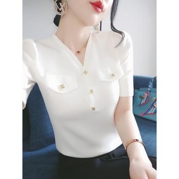白色v領上衣設計感小眾時尚休閑修身顯瘦夏季短袖t恤女2023年新款