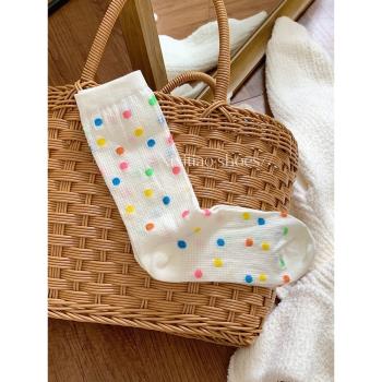 細細條 薄款鏤空網眼透氣可愛彩色波點中筒襪子女日系ins堆堆襪夏