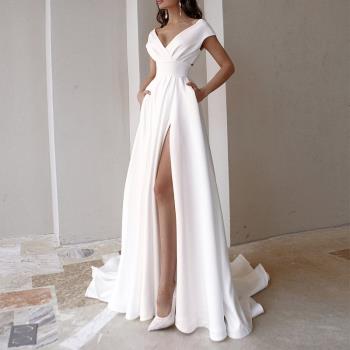 White long dress 一字露背V領晚禮服白色系列拖地輕婚紗連衣裙女
